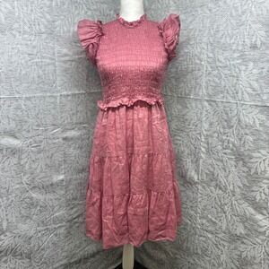 Sea New York Smocked Ramie Midi Dress Womens 0 Rose Pink Ruffle Flutter Sleeve